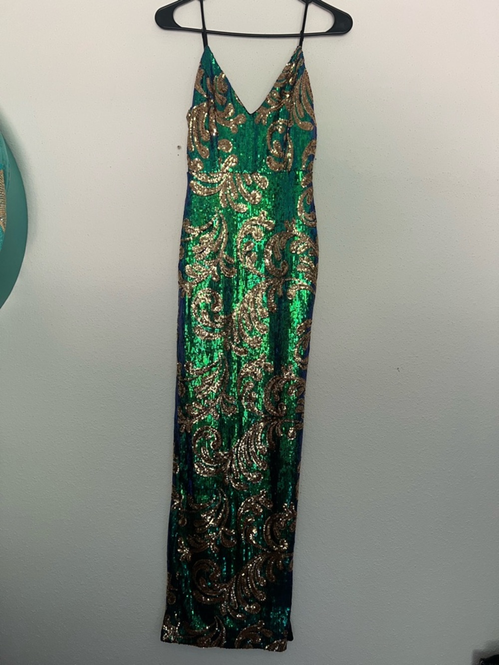 Fashion Nova Green and Gold Sequin Maxi Dress